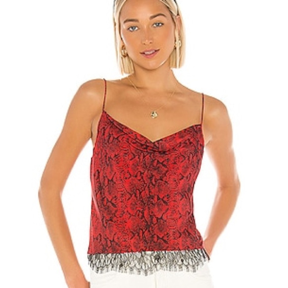 ALICE + OLIVIA Harmon Snakeskin-Print Silk Camisole with Lace Size Large